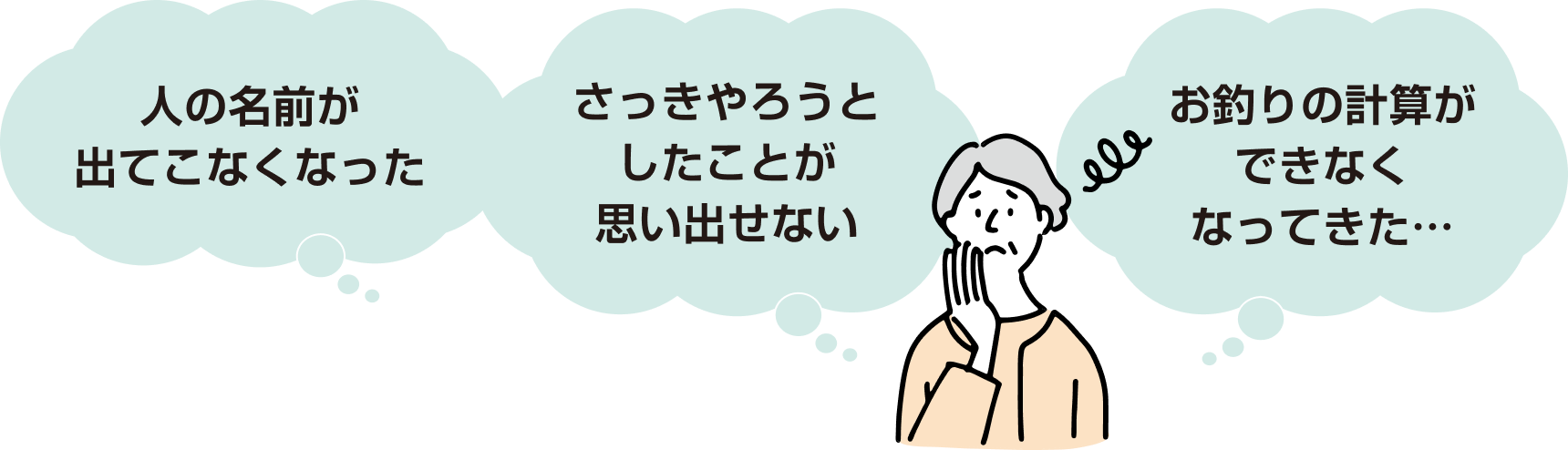 人の名前が出てこなくなった さっきやろうとしたことが思い出せない お釣りの計算ができなくなってきた